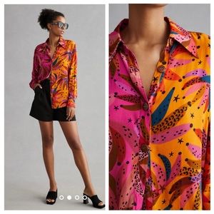 Anthropologie Farm Rio Classic Buttondown Sz S pink orange bananas Oversized